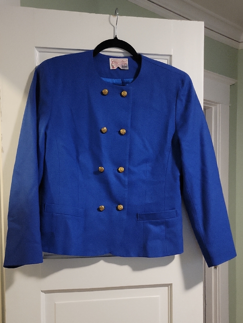 Pendleton Cobalt Blue Double-Breasted Wool Lady Blazer Gold Buttons - 8P